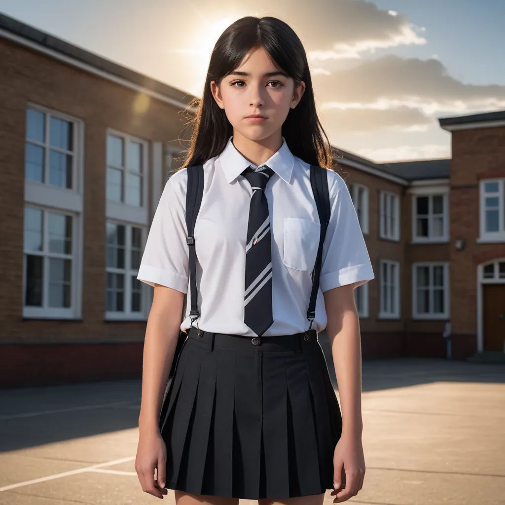 a girl in a school uniform standing in front of a building with a tie on her neck and a skirt on her waist, paris school, a character portrait, Christabel Dennison, promotional image
