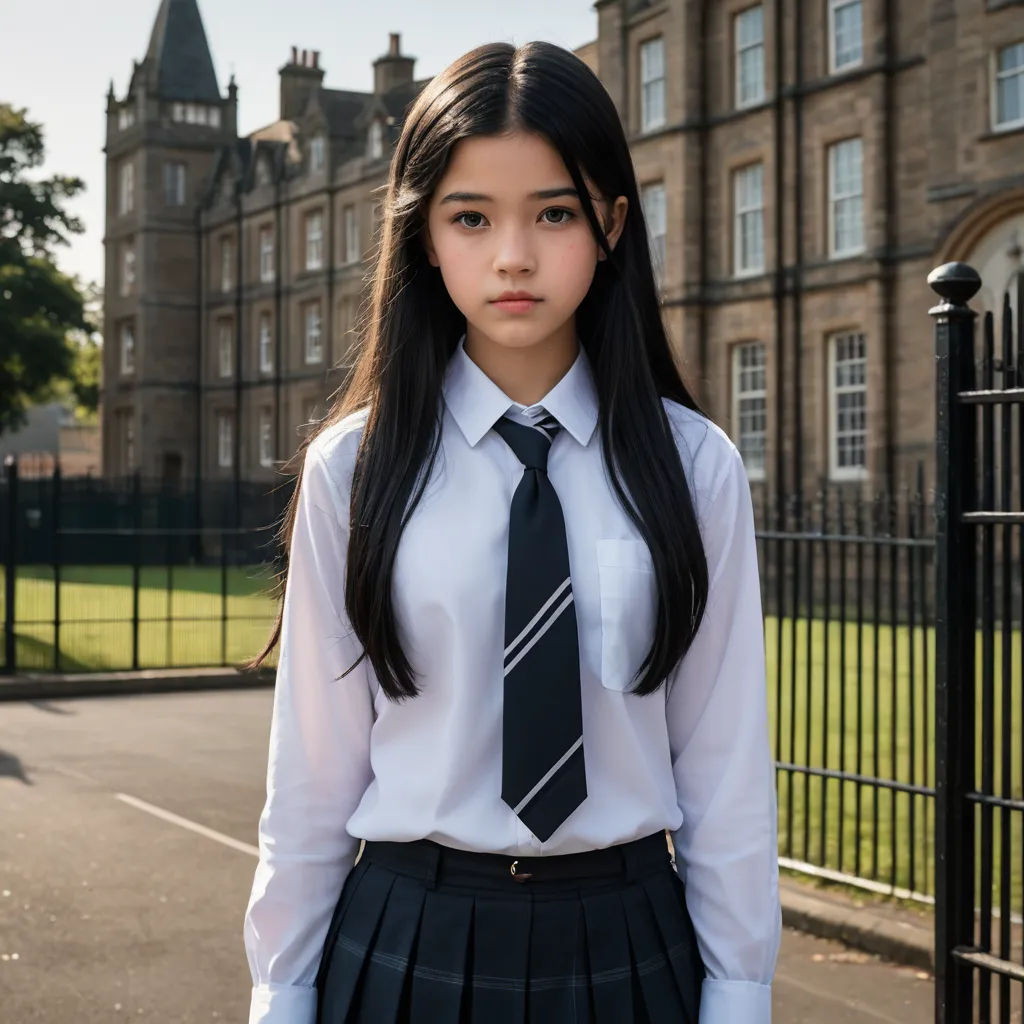 a girl in a school uniform standing in front of a gate and building with a black fence and a black gate, paris school, a character portrait, Du Qiong, promotional image