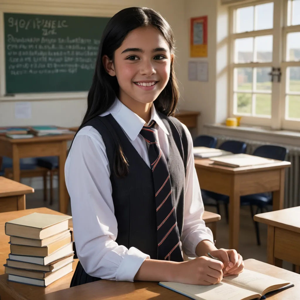 a girl in a school uniform sitting at a desk with books and a pen in her hand and smiling, heidelberg school, a character portrait, Claire Falkenstein, promotional image