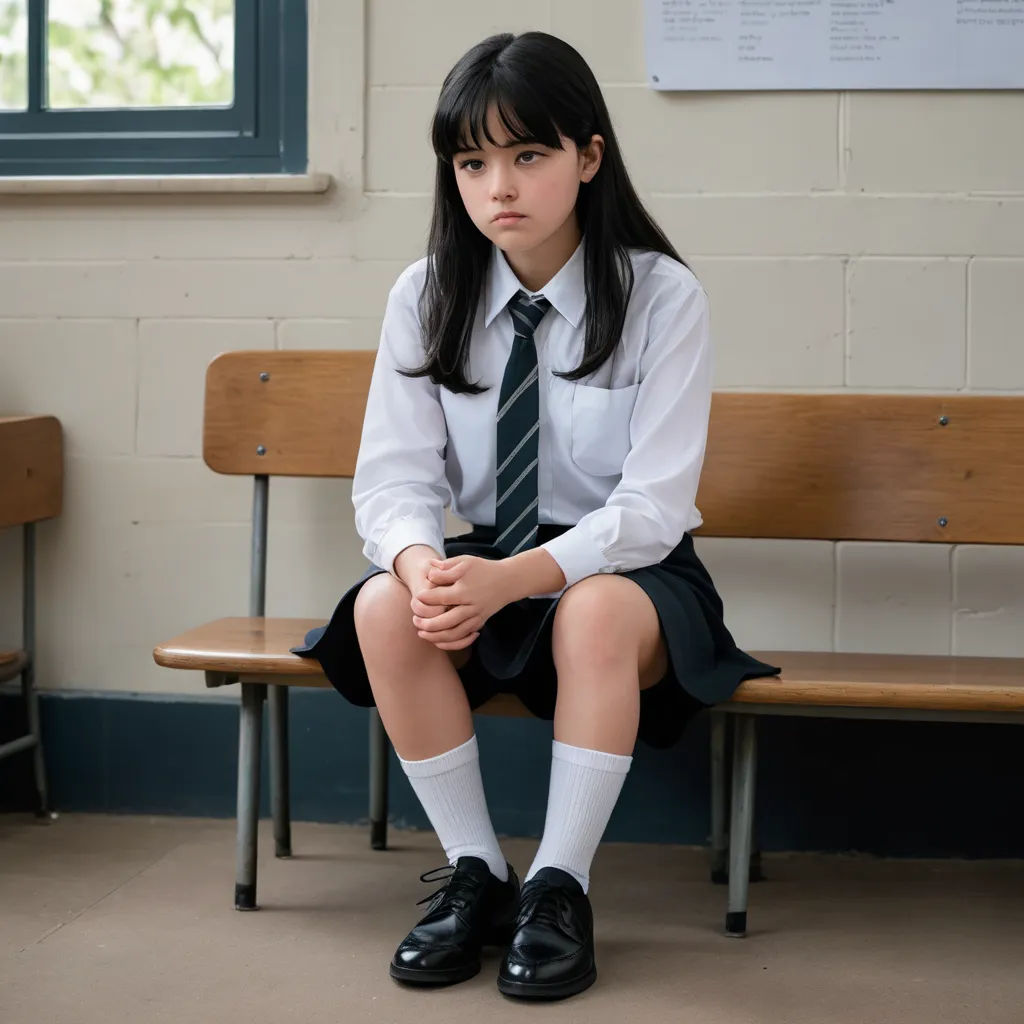 a girl in a school uniform sitting on a bench with her legs crossed and her hands folded out to her side, vancouver school, a character portrait, Chizuko Yoshida, movie still