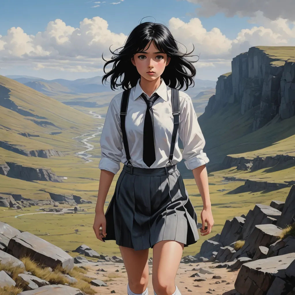 a girl in a school uniform walking down a dirt road with a mountain in the background and a valley in the distance, fantastic realism, a detailed painting, Artgerm, official art