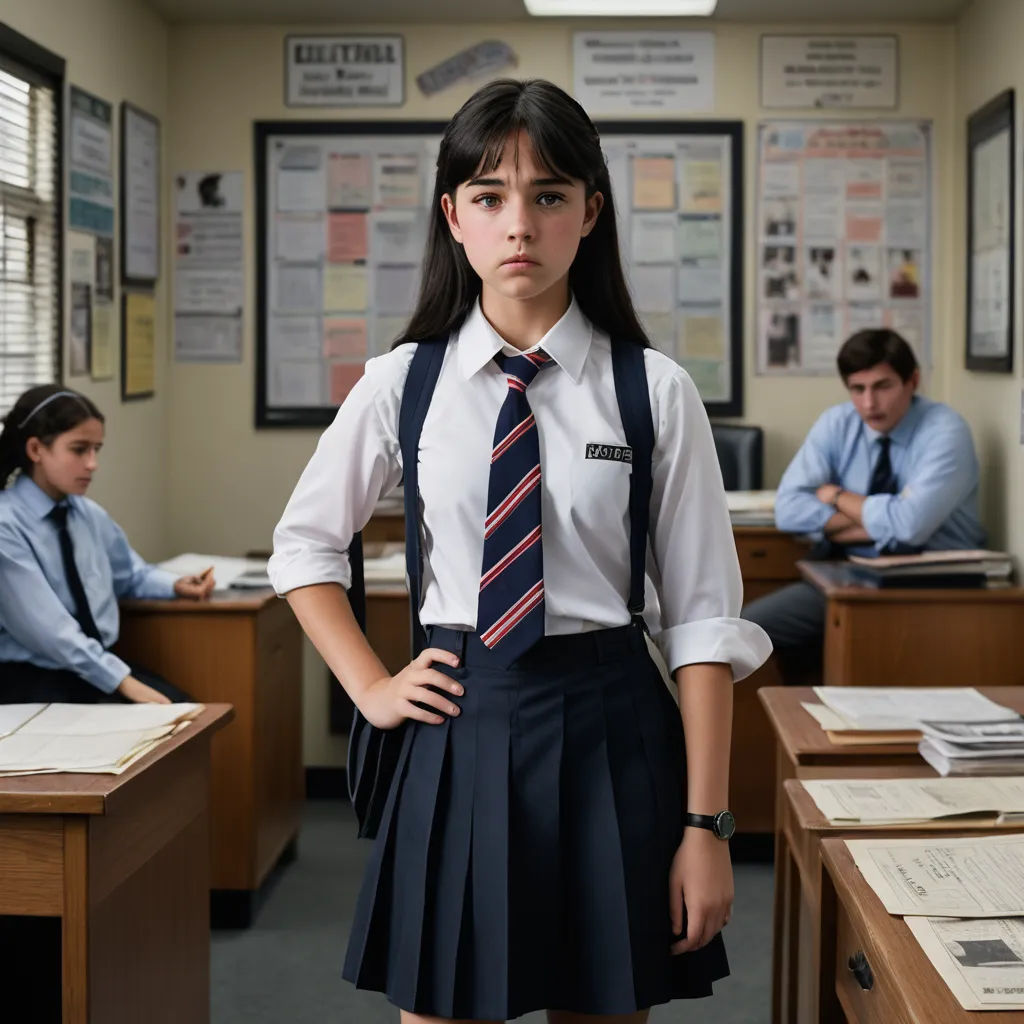 a girl in a school uniform standing in a classroom with other students in the background and a desk with papers on it, institutional critique, a character portrait, Araceli Gilbert, promotional image
