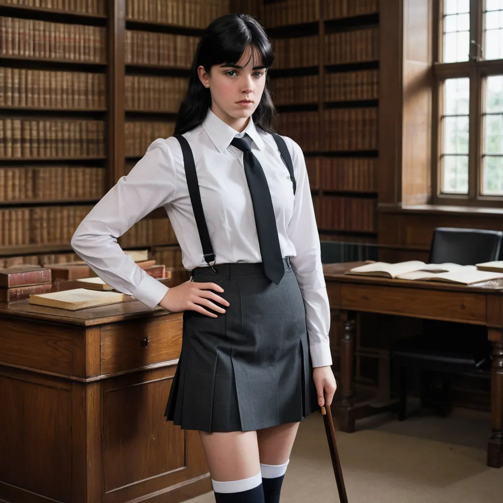 a woman in a skirt and tie standing in a library with a cane in her hand and a cane in her other hand, paris school, a character portrait, Arabella Rankin, promotional image