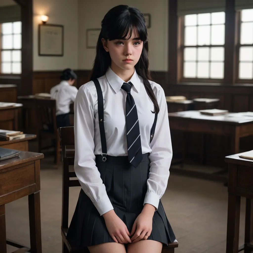 a woman in a skirt and tie sitting in a chair in a room with desks and desks, paris school, a character portrait, Chizuko Yoshida, movie still
