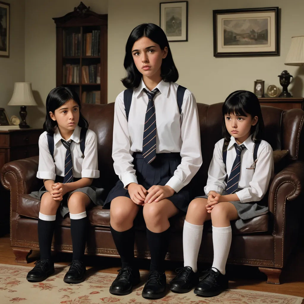 a group of young girls sitting on top of a brown couch next to each other on a rug in a living room, heidelberg school, a character portrait, Christabel Dennison, promotional image