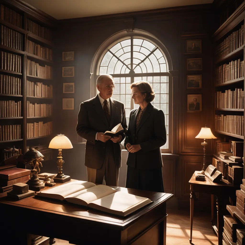 a man and woman standing in a library with a book open in front of them and a lamp on the desk, arts and crafts movement, a stock photo, Christopher Wren, promotional image