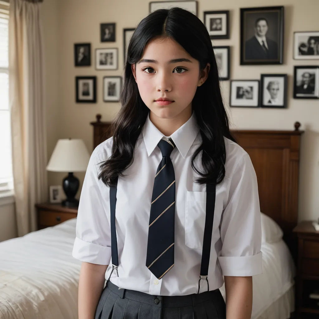 a girl in a uniform standing in a bedroom with a bed and a lamp on the side of the room, purism, a character portrait, Chizuko Yoshida, girl