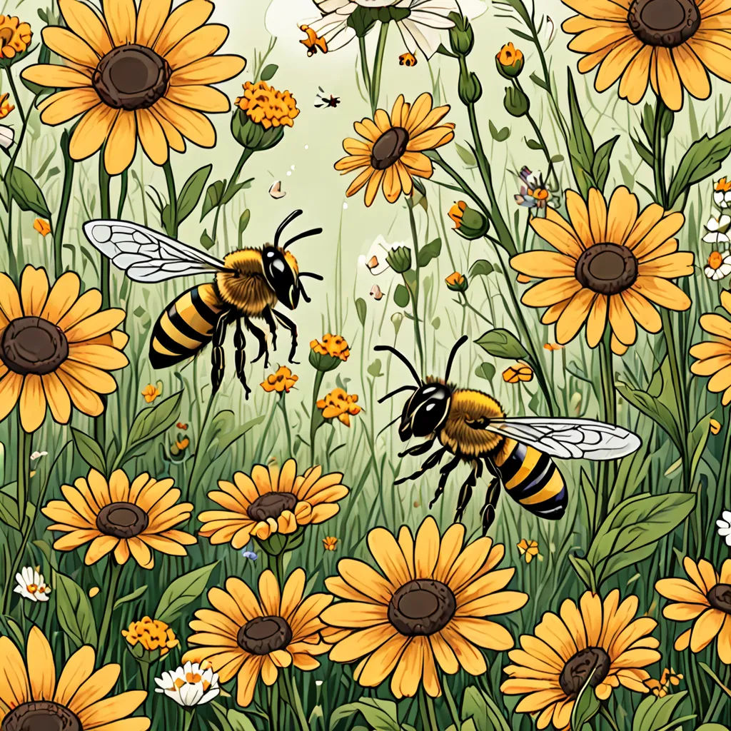 a painting of bees in a field of sunflowers and daisies with bees flying around them,, environmental art, a storybook illustration, Claire Hummel, detailed illustration
