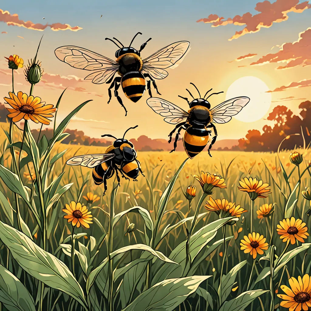 three bees flying over a field of flowers at sunset with a sun in the background and a field of flowers in the foreground, environmental art, a comic book panel, Dan Mumford, josan gonzales and dan mumford