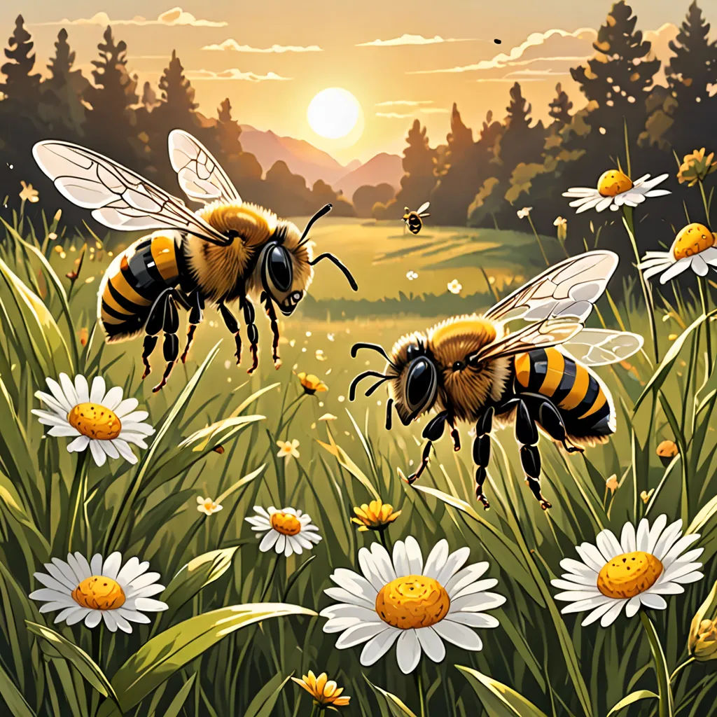 two bees flying over a field of daisies and daisies with a sunset in the background and a field of flowers, environmental art, a storybook illustration, David A Hardy, highly detailed digital painting