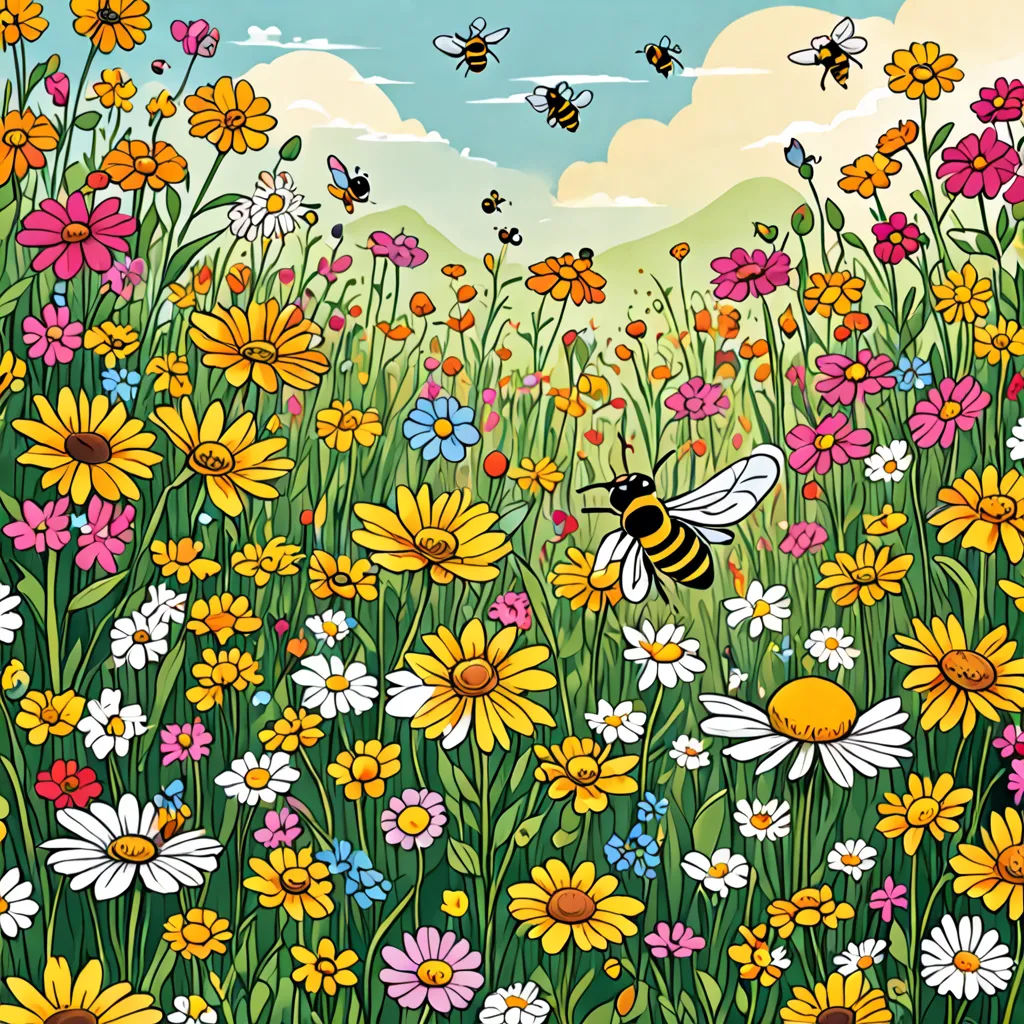 a painting of a field of flowers with a bee flying over it and a blue sky with clouds in the background, folk art, a storybook illustration, Annabel Kidston, flowers