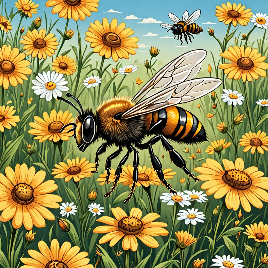 a painting of a bee in a field of flowers with bees flying around it and a blue sky in the background, ecological art, an illustration of, Chris LaBrooy, detailed illustration