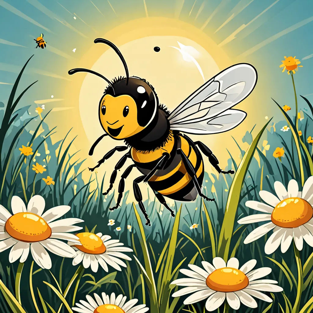 a bee flying over a field of daisies and daisies with the sun in the background and a bee on the grass, rayonism, a storybook illustration, Bessie Wheeler, behance hd