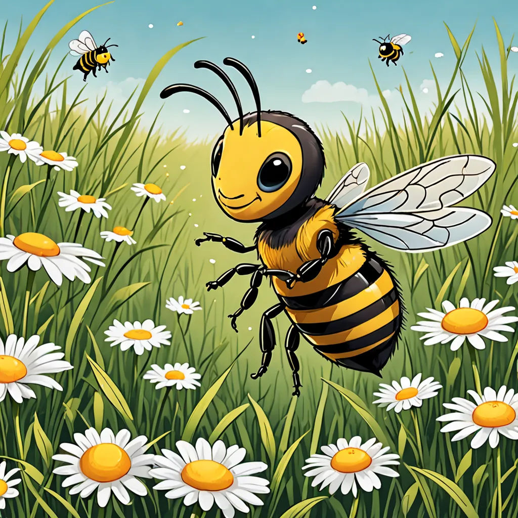 a bee is standing in a field of daisies and daisies are around him and the bees are flying, furry art, a storybook illustration, Andries Stock, behance hd