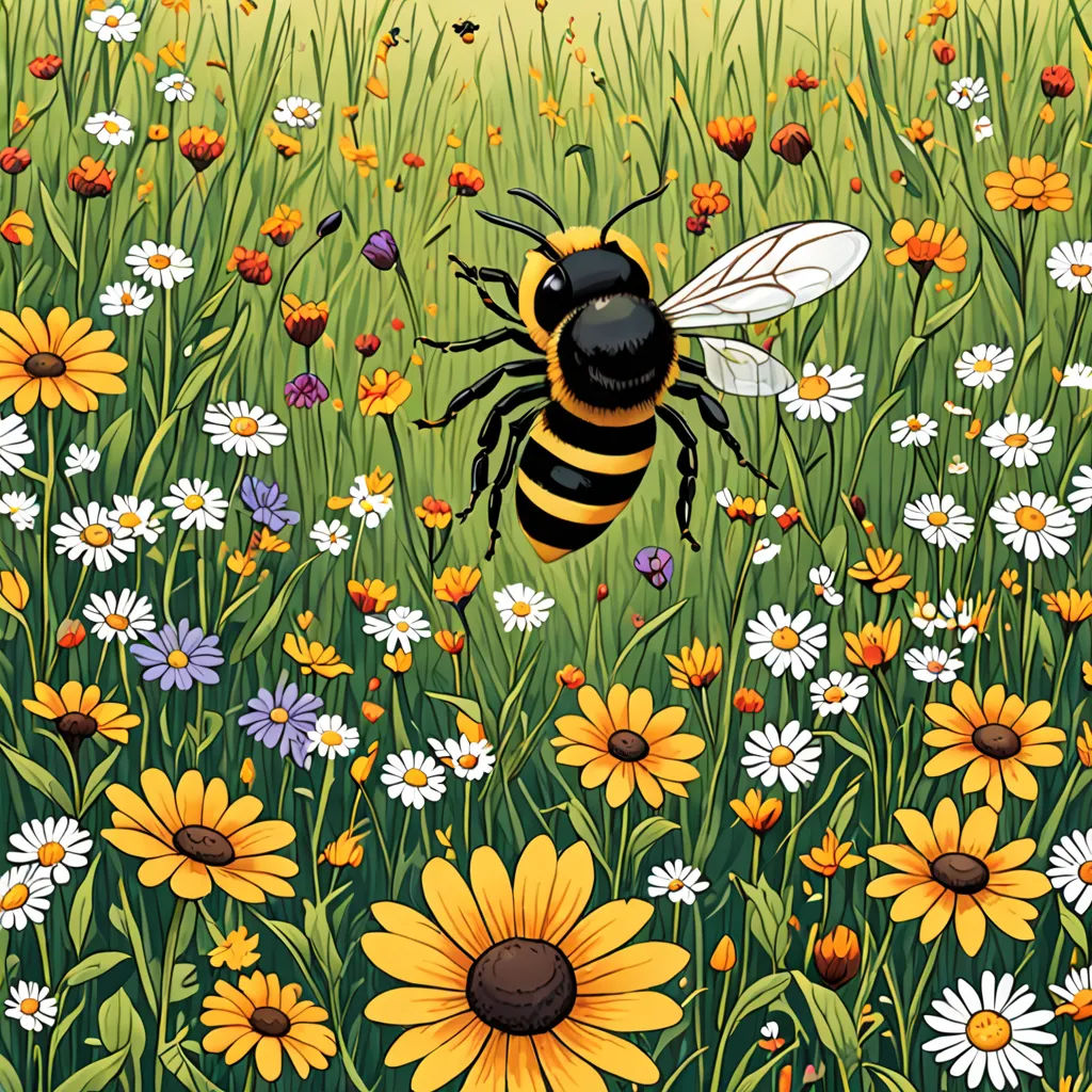 a bee is flying over a field of flowers and daisies with a bee on it's back, ecological art, a storybook illustration, Asaf Hanuka, promotional image