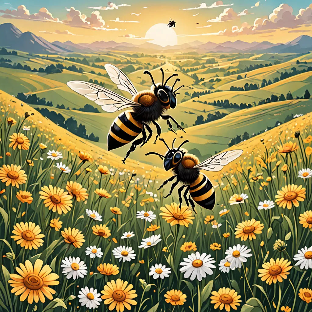 two bees flying over a field of flowers and a sunset in the background with a mountain range in the distance, environmental art, a storybook illustration, Dan Mumford, highly detailed digital painting