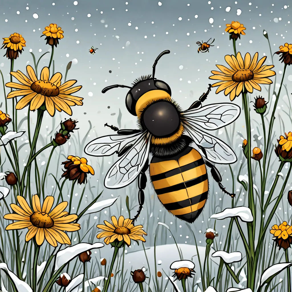 a bee is flying over a field of flowers in the snow with snow falling on it and a bunch of yellow flowers, ecological art, a storybook illustration, Annabel Kidston, detailed illustration