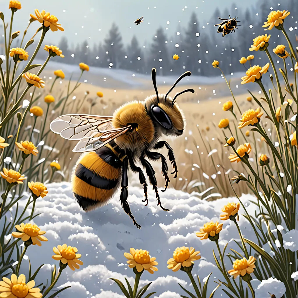 a painting of a bee flying over a field of flowers and bees flying around it in the snow with snow falling on the ground, fantasy art, a storybook illustration, Chris LaBrooy, highly detailed digital painting
