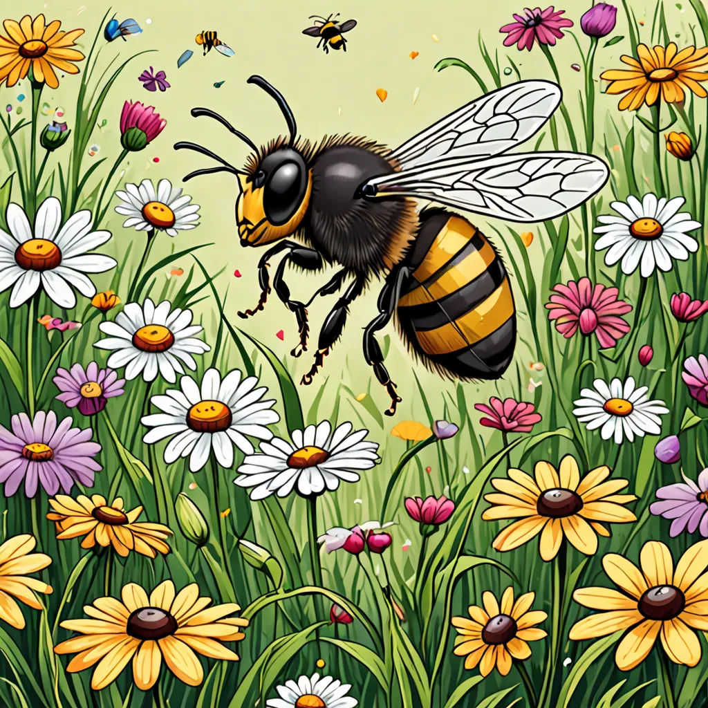 a bee is flying over a field of flowers and daisies with bees flying around it and a green background, ecological art, an illustration of, Annabel Kidston, highly detailed digital painting