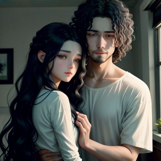 a man and a woman are standing next to each other in a room with a window and a plant