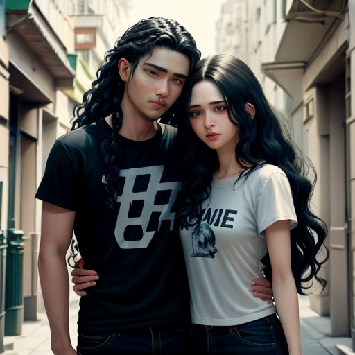 a man and a woman standing next to each other on a street corner with buildings in the background and a woman with long hair
