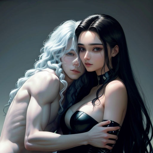 two women in lingerie hugging each other with long hair and black bras on their backs, one of them is wearing a bra