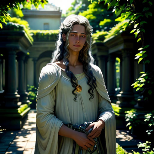 a woman dressed in a roman costume standing in a garden with a green tree behind her and a building in the background