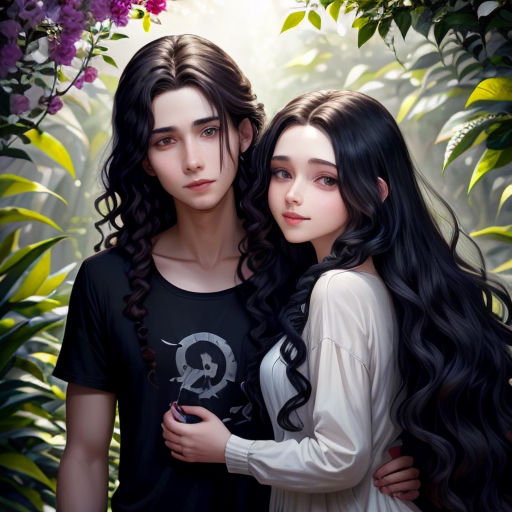 a couple of people standing next to each other in front of flowers and trees with leaves on them and a sky background