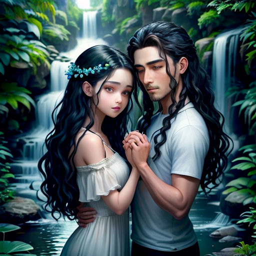 a couple standing next to each other in front of a waterfall with a waterfall behind them and a waterfall in the background