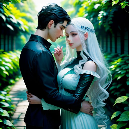 a couple dressed in white standing next to each other in a forest with green leaves and a path leading to them