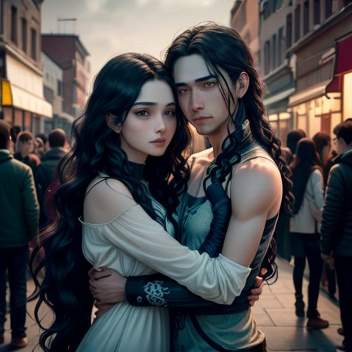 a couple of people that are hugging each other on a street corner with people in the background and a crowd of people walking around