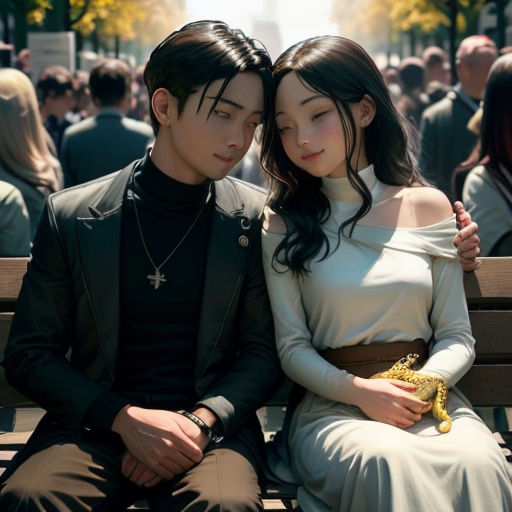 a man and a woman sitting on a bench together in a crowd of people in a city square, with a woman holding a banana
