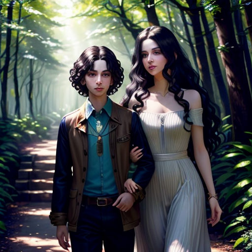 a man and a woman are walking in the woods together, dressed in formal clothes and dress clothes, and a man is wearing a brown jacket