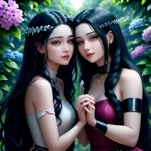 two beautiful women standing next to each other in front of flowers and bushes with their arms around each other