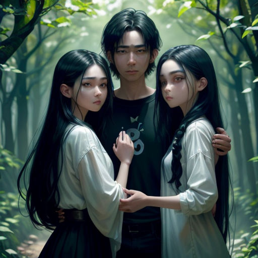 three people standing in a forest with trees in the background and a man standing behind them with his arms around the woman