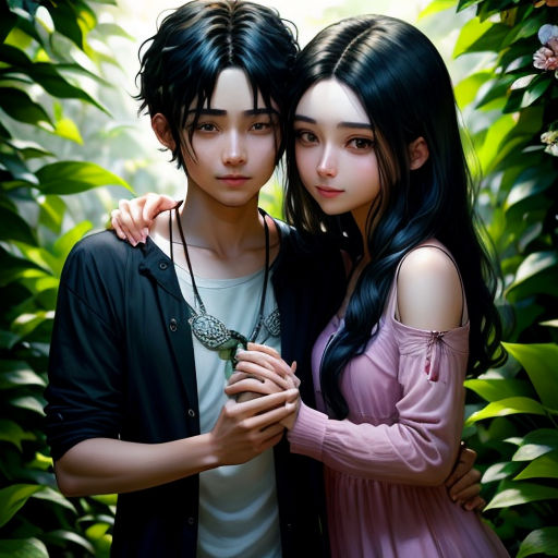 a couple of people standing next to each other near a bush and flowers in the background of a painting