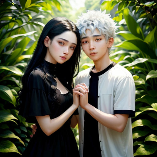 a couple of people standing next to each other near a forest of leaves and plants, with one of them holding the other's hand