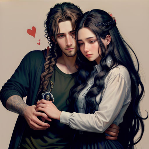 a man and a woman hugging each other with hearts on the background of them and a painting of them
