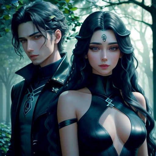 a couple of people standing next to each other in a forest with trees and bushes behind them, one of them is wearing a black outfit