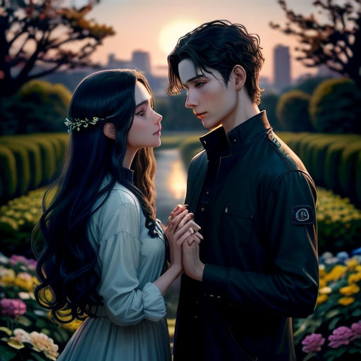 a painting of a couple standing next to each other in a park with flowers and trees in the background