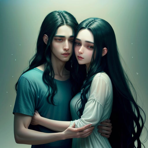 two women hugging each other with long hair and green eyes and long black hair, both wearing blue and white