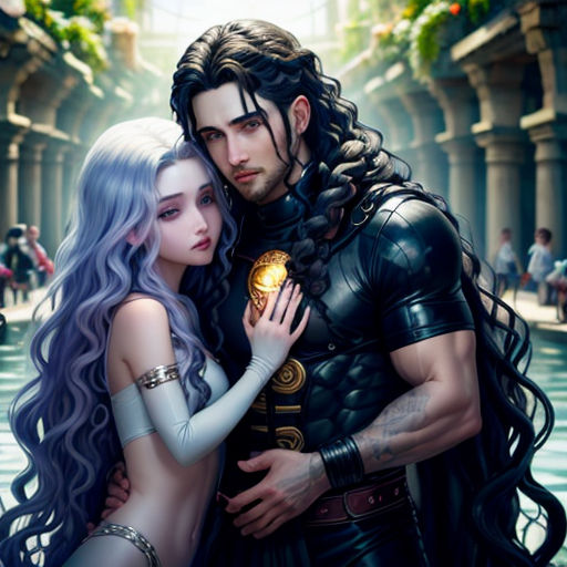 a couple of people standing next to each other in a room with a pool of water and a fountain