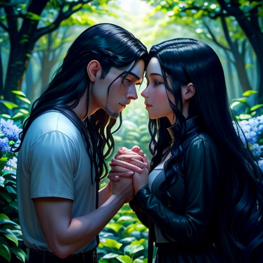 a couple of people standing next to each other in a forest with flowers on the ground and trees in the background