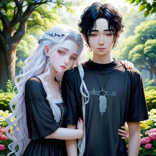 a couple of people standing next to each other in a field of flowers and trees with flowers in the background