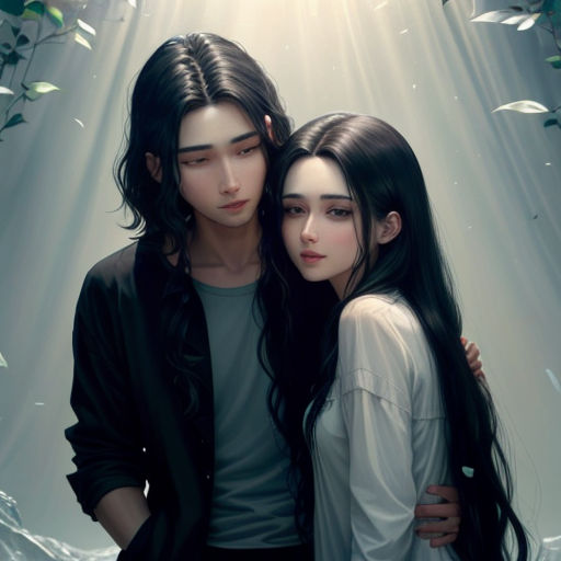 a couple of people standing next to each other in front of a forest of leaves and plants with sunlight streaming through the leaves