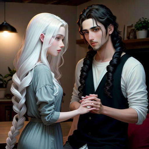 a man and a woman standing next to each other in a room with a table and a lamp on