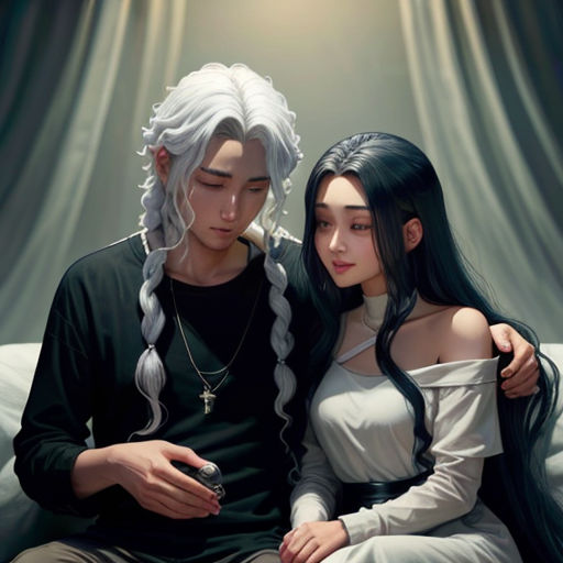 a couple of people sitting on a couch next to each other with long hair and braids on their heads