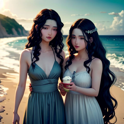 two beautiful women standing next to each other on a beach near the ocean with a cup of coffee in their hands