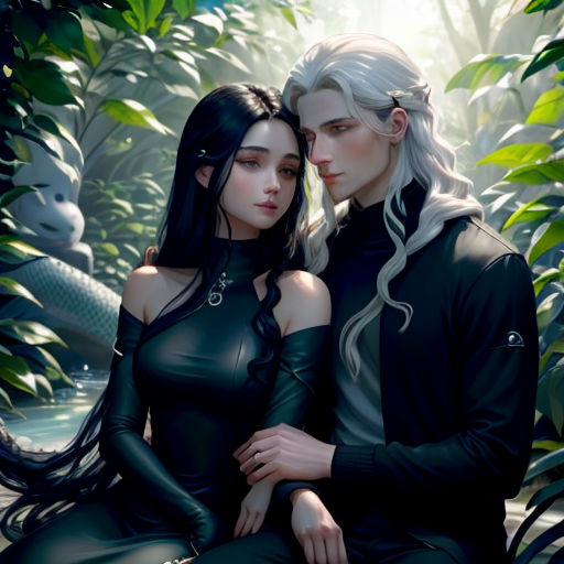 a couple of people sitting next to each other in a forest with plants and trees behind them, one of them is wearing a black outfit