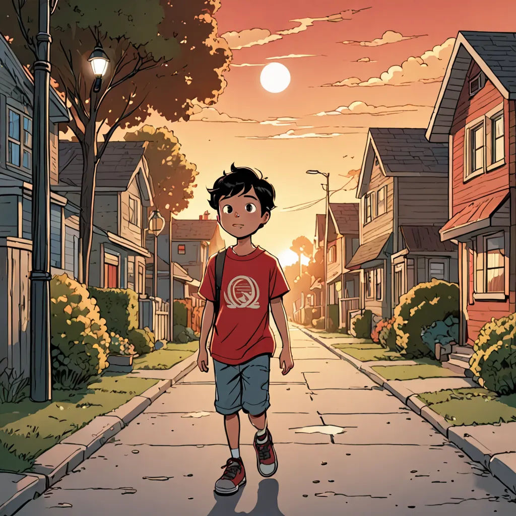 a boy walking down a street in a neighborhood at sunset with houses and trees in the background and a full moon in the sky, private press, a comic book panel, Asaf Hanuka, yukito kishiro